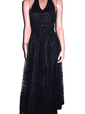 Niki Livas Black Lace Velvet Halter Dress 4